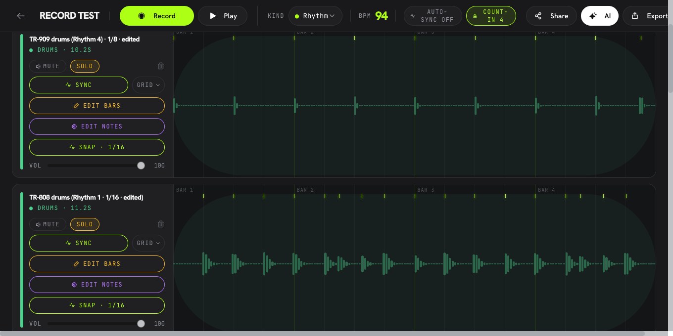 Beat Box studio: multi-track timeline with TR-808 and TR-909 drum layers, editable notes and volume sliders